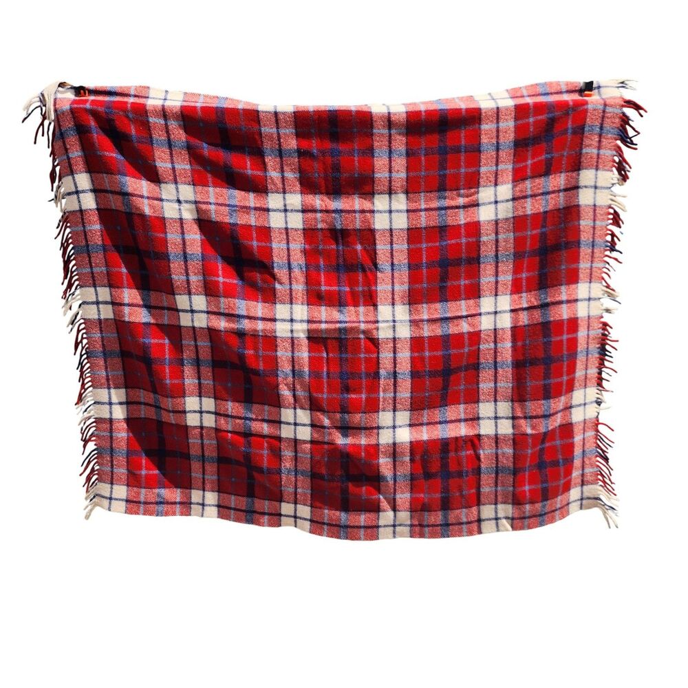 Vintage Red Plaid Wool Blanket Fringe Throw Cabin Camp 59x51 USA Style - Picture 2 of 2